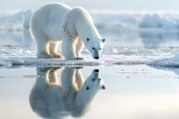 One family of polar bears escapes the melting snow. An attempt to preserve the Arctic, the problem of global warming, and endangered species: the awful circumstance of a polar bear stuck on melting ic - obrazy, fototapety, plakaty