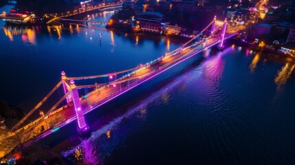 Fototapeta na wymiar Aerial view of a stunning bridge adorned with dazzling lights, casting vibrant reflections on the water below.