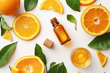 Natural organic orange essential oil for overall skincare Hydrating calming cleansing stress relieving citrus scent with refreshing appearance - obrazy, fototapety, plakaty