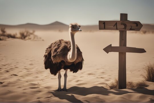 'scared blank head wooden ostrich signboard burying sand concept signs underground background immersed bird business crisis denial desert earth fear frustrated frustration fun ground hidden hide hole'