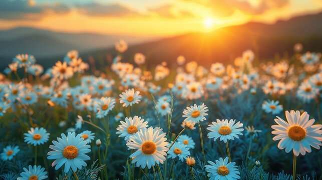 beautiful spring and summer natural landscape with blooming field of daisies in the grass in the hilly countryside,art photo