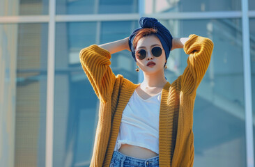Vibrant street style photo of an urban woman in a stylish hijab, wearing a blue turban and mustard cardigan over a white t-shirt with jeans, standing against a modern architecture backdrop.