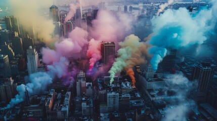 Aerial view of colorful smoke enveloping a cityscape, adding a surreal touch to the urban landscape