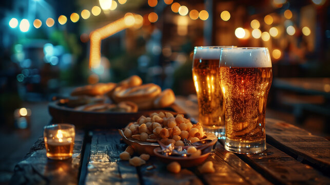 Twp glass of beer and nuts on the table