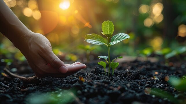 sunshine background green growing tree big holdig hand environment earth day green eco tree earth background concept friendly ecosystem environmental ecology hand sustainable nature illustration