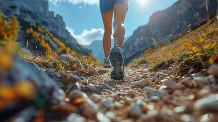 close up of a man s legs running on a mountain trail stock photo - obrazy, fototapety, plakaty