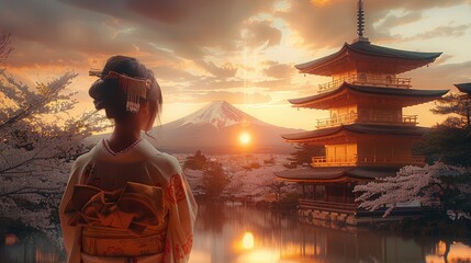 Japanese woman in traditional cloths in front of the golden temple in Kyoto, the temple is glowing in the sunset, Cherry Blossom, mount Fuji is in the background. Generative AI.