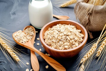 Oats spoons wheat milk Health concept - obrazy, fototapety, plakaty