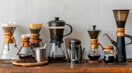 An assortment of coffee brewing equipment, including a French press, pour-over dripper, and espresso machine, ready for home brewing.