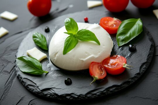 One large ball of soft Italian mozzarella bufala campania cheese with red tomato and green basil leaves on a black stone plate