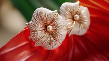 Closeup of luxurious pearl earrings with bold bright red anthurium details, perfect for a vibrant and eyecatching jewelry ad