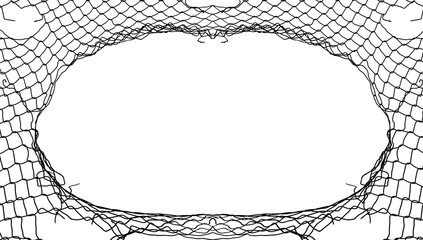 texture of the wire metal mesh. Torn, destroyed, broken metal isolated on white background. Illustration of chain link fence with hole. Prison barrier, secured property. damage net fence. Mesh netting - obrazy, fototapety, plakaty