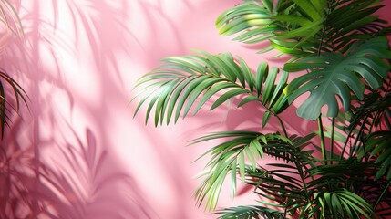 Obraz premium blurred shadow from palm leaves on the light pink wall minimal abstract background for product presentation spring and summer,art photo