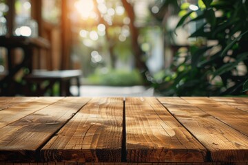 Wooden table with blurred background created with Generative AI