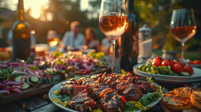 backyard dinner table have a tasty grilled bbq meat salads and wine with happy joyful people on backgroundillustration image