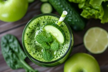 Organic green smoothie with apples cucumbers and limes