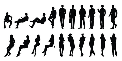 Businessman and businesswoman. Full body silhouette people on a white background. Man and woman in sitting and standing position, front view. Vector illustration.
