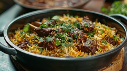 Aromatic biryani rice garnished with fragrant herbs and served with tender pieces of succulent lamb. - obrazy, fototapety, plakaty