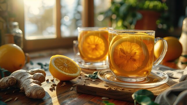two glass cups with fresh lemon and ginger tea on kitchen table with ginger root herbs and kitchen utensils at window background healthy homemade tea with vitamin c illustration image