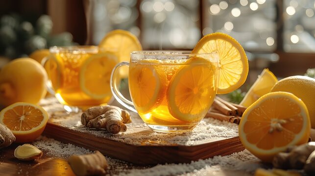 two glass cups with fresh lemon and ginger tea on kitchen table with ginger root herbs and kitchen utensils at window background healthy homemade tea with vitamin c in wintertime front view,art image