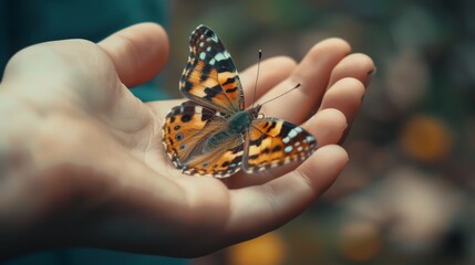 Beautiful butterfly resting on a hand, its fragile wings gently fanning in the breeze as it basks in the warmth of human touch.