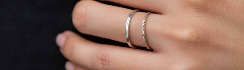 Closeup of a hand wearing polished silver stack rings with subtle lily details, against a soft, elegant gray backdrop