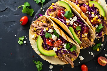 Overhead shot of pulled pork tacos with toppings