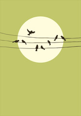 Hand drawn birds on wires sitting against the background of a large circle of the sun in the green sky, vector illustration