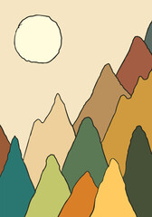 Mountain landscape vector illustration, Hand drawn outlines of high steep mountains and a large round sun, filled with different colors in warm shades