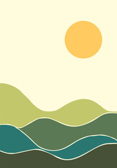 Layers of wavy organic shapes in different shades of green with hand drawn edges against a clear warm sky with a round disk of the sun, Vector illustration