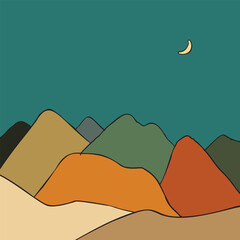 Mountain landscape at night vector illustration, Hand drawn outlines of mountains and the moon filled with different colors