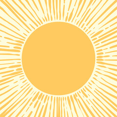 Hot summer sun retro card with copy space for text, Large round disk of the sun with hand drawn rays, Vector illustration