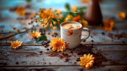 autumn still life with cup of coffee - obrazy, fototapety, plakaty