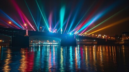 Fototapeta na wymiar Bridge illuminated by colorful spotlights, creating a stunning visual display against the dark night sky.