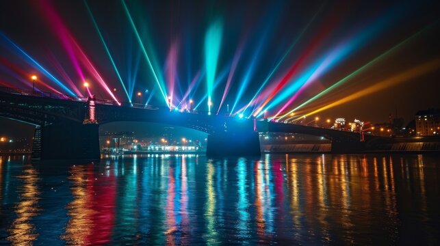 Bridge illuminated by colorful spotlights, creating a stunning visual display against the dark night sky.