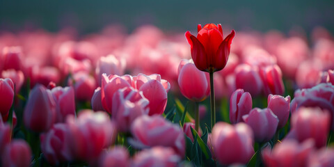 A single red flower stands out in a field of pink flowers