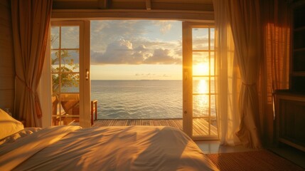 Wake up to the soft golden rays of sunlight streaming in through the windows of your beachfront villa enhanced by the faint glow of the plankton in the water. 2d flat cartoon.