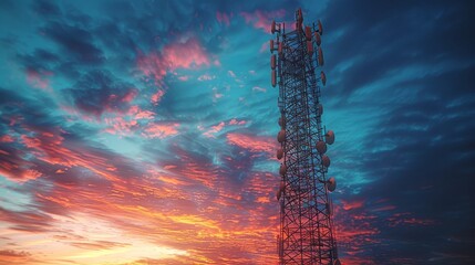 Telecommunications tower with antenna with blue sky in the morning