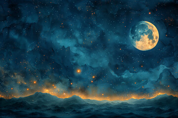 Full moon reflecting on water surreal illustration 8k hi-res cosmic wallpaper background