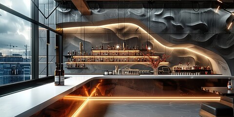 Modern and minimalist design for the bar, featuring high-end bottles on display. The space is sleek and elegant, featuring geometric shapes in black metal, white concrete. Generative AI.