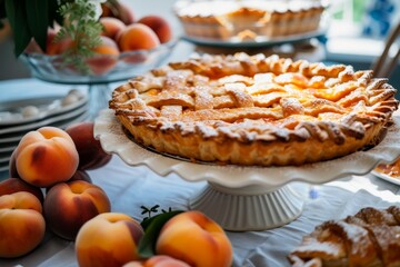 Peach pie displayed on dessert stand