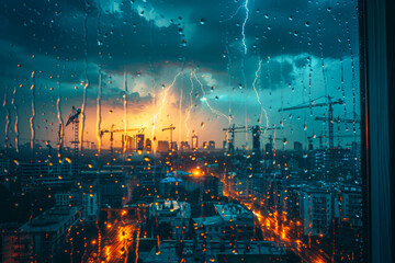 Dramatic Thunderstorm over City Skyline with Construction Cranes at Sunset