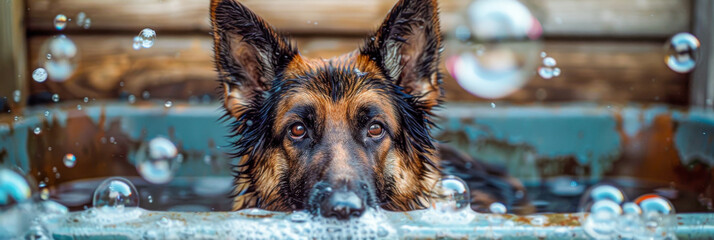 Captivating German Shepherd Playing in Water with Floating Bubbles - obrazy, fototapety, plakaty