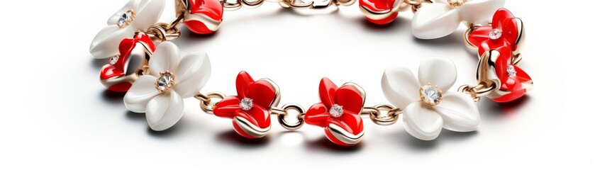 Bright and cheerful charm bracelet with red tulip charms, styled on a soft white fabric to emphasize its vivid colors