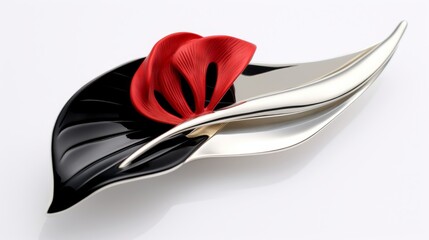 Bold silver barrette with a vibrant red anthurium flower, strikingly presented on a jet black background for dramatic contrast