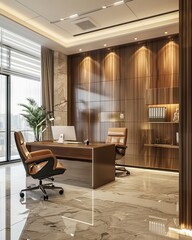 Luxurious modern office, spacious and impeccably clean, designed for optimal workflow and creative thinking