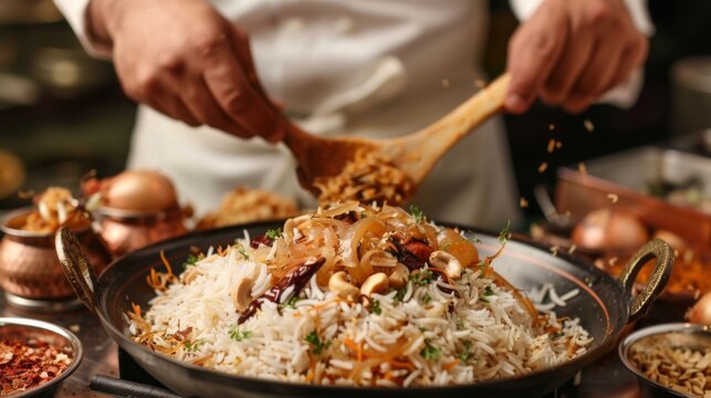 Chef preparing fragrant basmati rice pulao, infused with spices and garnished with caramelized onions and nuts.