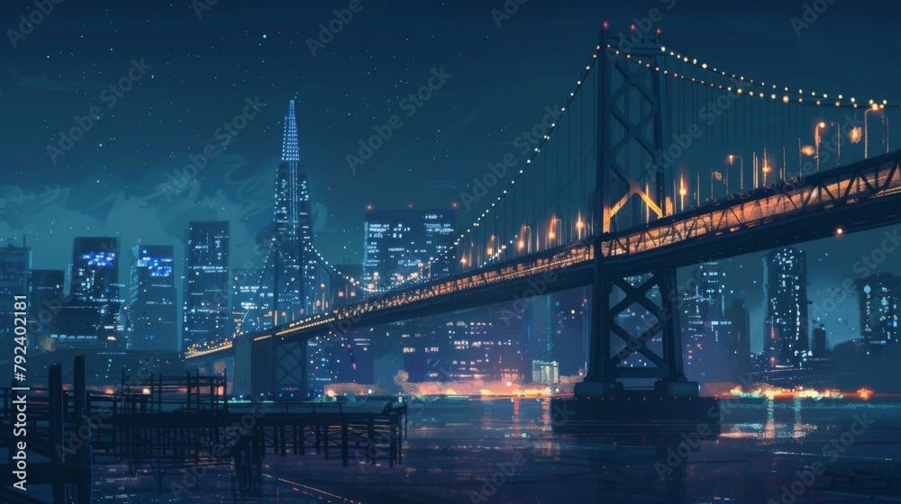 Poster City skyline punctuated by the elegant silhouette of a bridge illuminated by a spectacular array of lights.