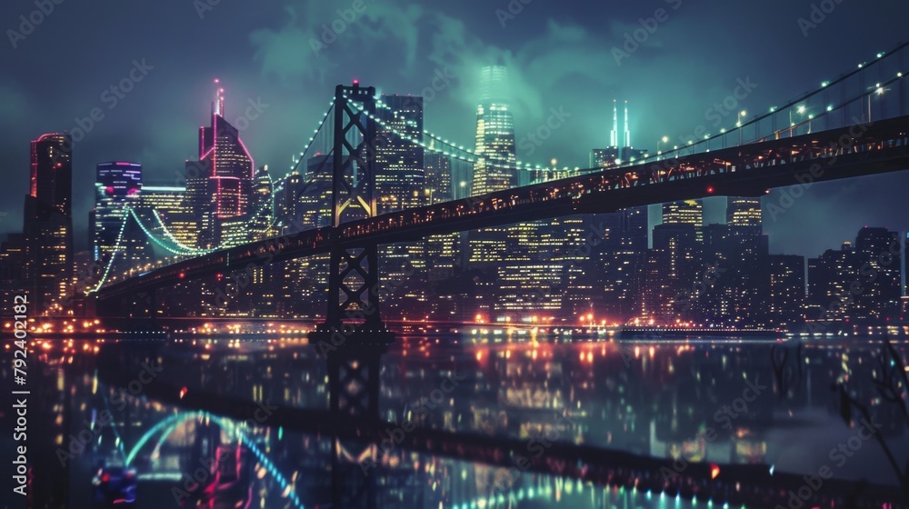 Poster City skyline punctuated by the elegant silhouette of a bridge illuminated by a spectacular array of lights.