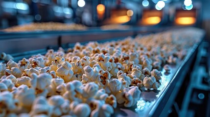 Popcorn production line in factory. Generative AI.